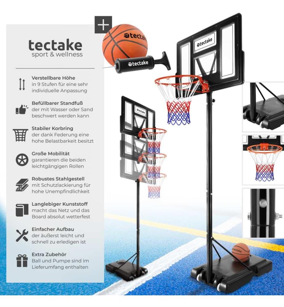 Panier de basket Dirk, hauteur de panier 230 - 305 cm, avec ballon et pompe - noir