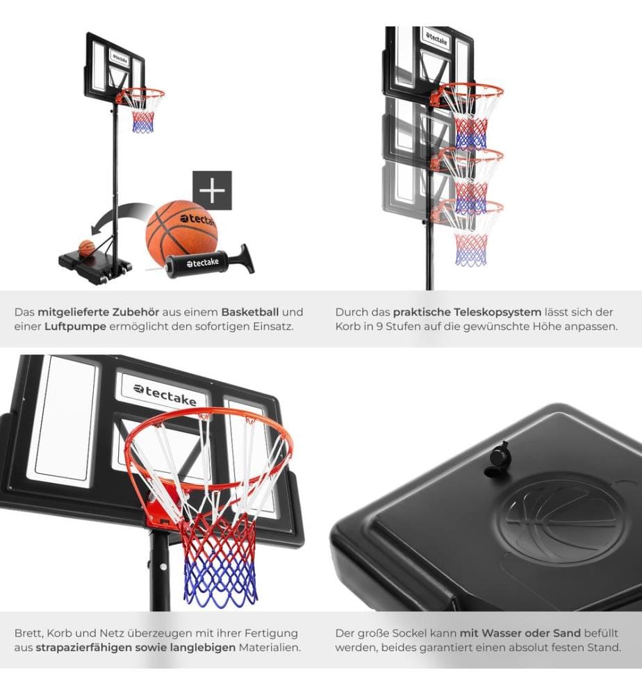 Panier de basket Dirk, hauteur de panier 230 - 305 cm, avec ballon et pompe - noir