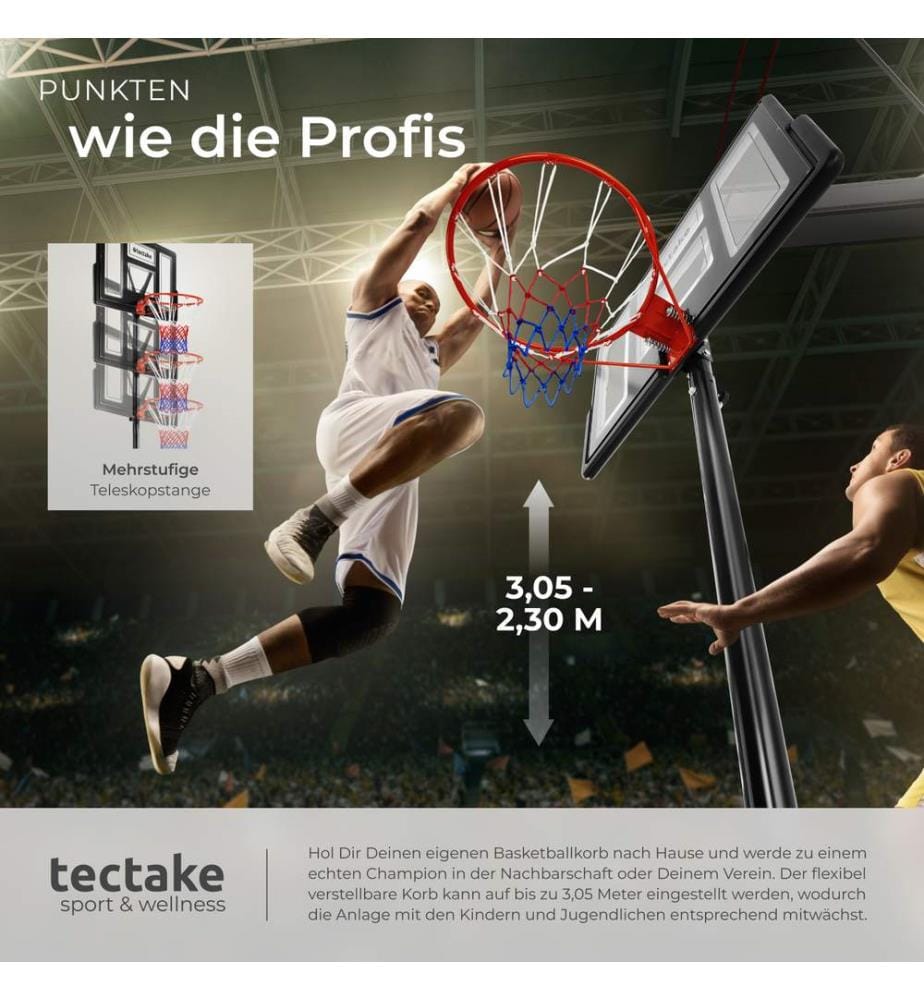 Panier de basket Dirk, hauteur de panier 230 - 305 cm, avec ballon et pompe - noir