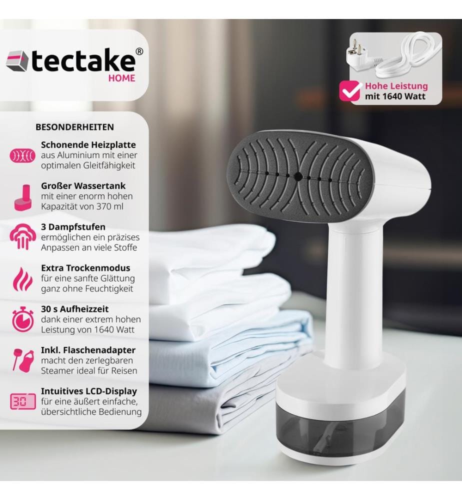 Défroisseur vapeur avec 4 modes et adaptateur pour bouteille, 370 ml, 1640 W - blanc