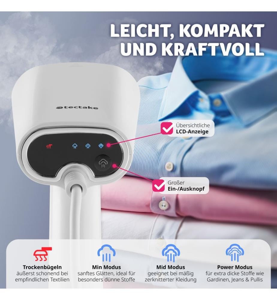 Défroisseur vapeur avec 4 modes et adaptateur pour bouteille, 370 ml, 1640 W - blanc