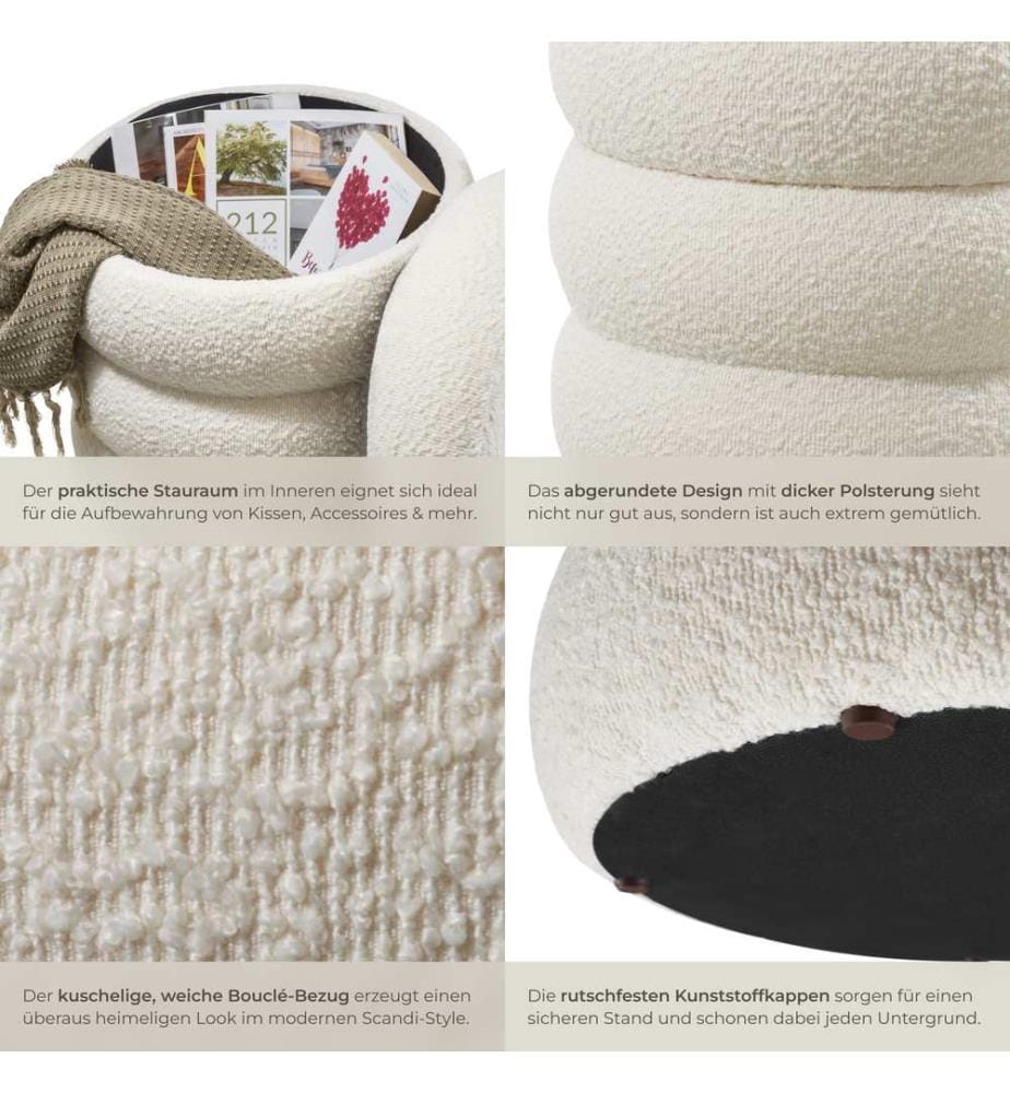 Sitzhocker Altu, gepolstert, Stauraum - Bouclé creme-weiss