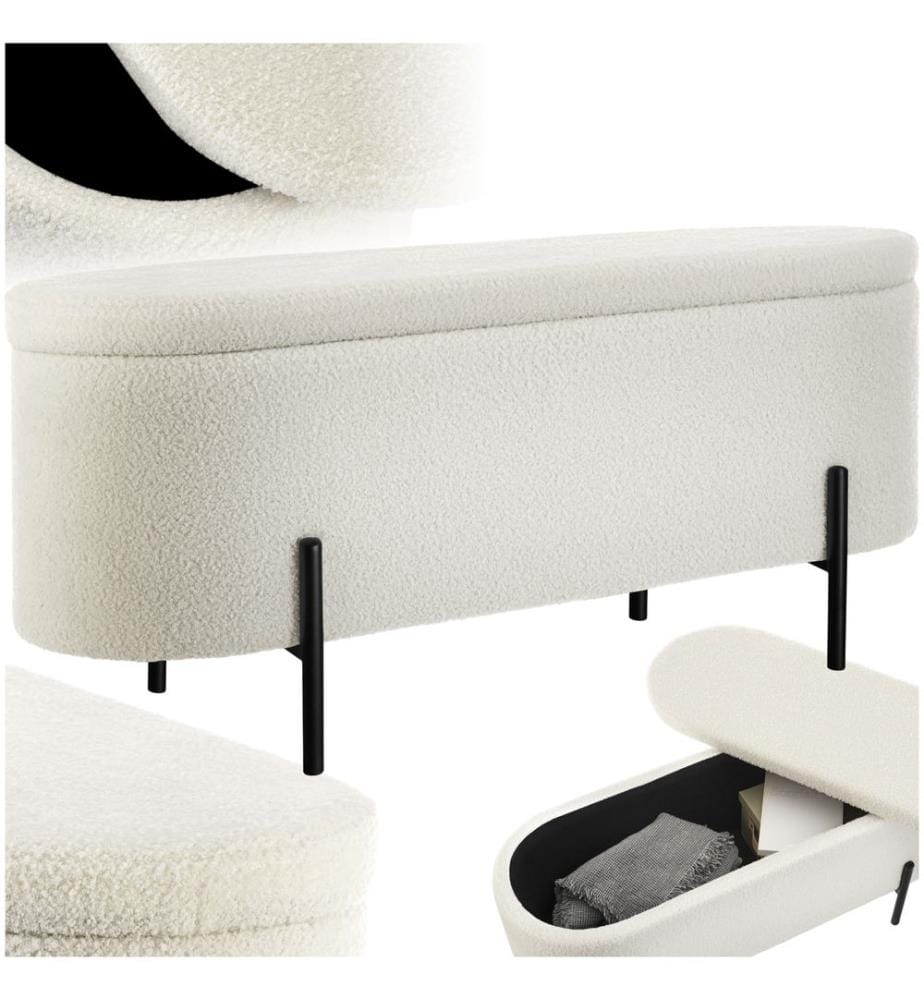 Panca Lanja, imbottita, con tessuto bouclé e spazio interno - Bouclé crema-bianco