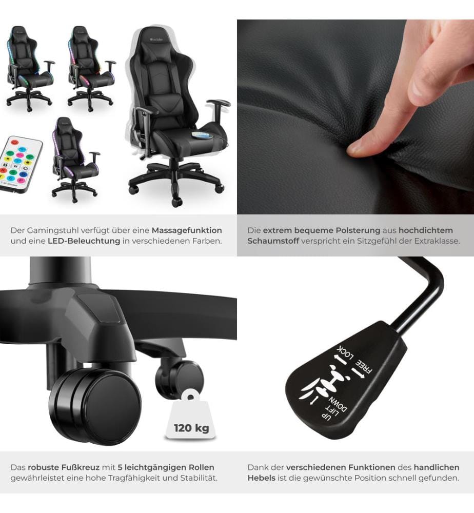 Gamingstuhl Tartaros, LED, Massagefunktion - schwarzschwarz