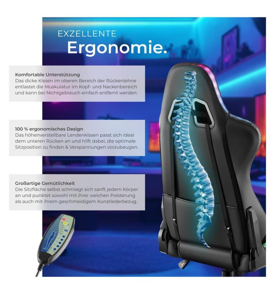 Gamingstuhl Tartaros, LED, Massagefunktion - schwarzschwarz