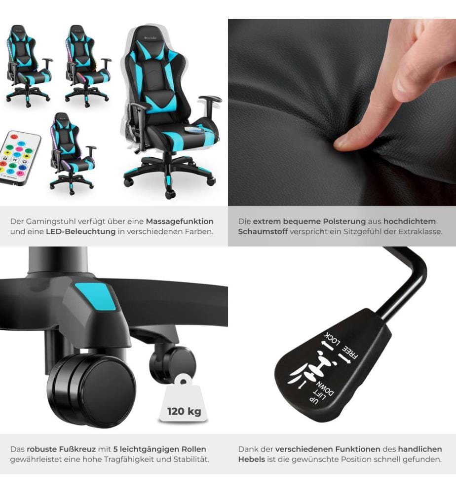 Gamingstuhl Tartaros, LED, Massagefunktion - schwarzazur