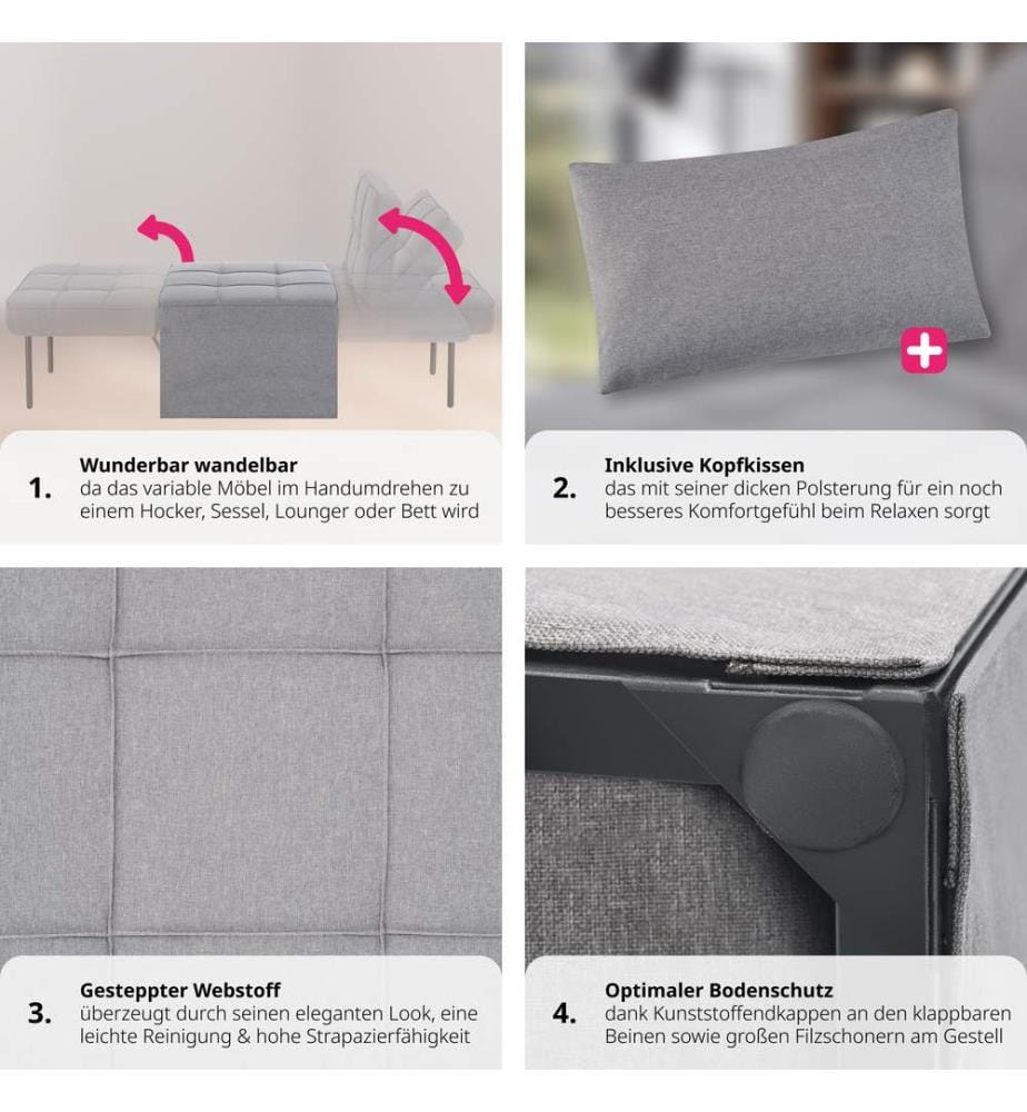 Fauteuil de relaxation PONTO 4-en-1 réglable sur 6 positions - gris