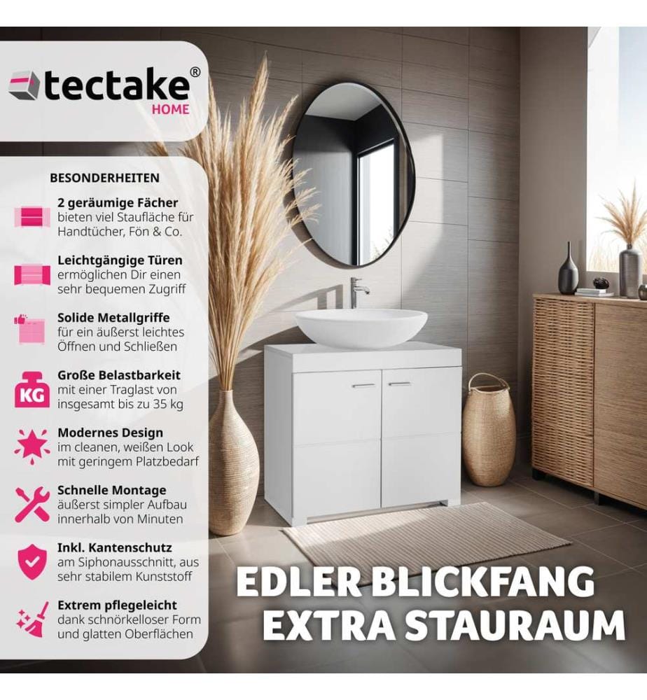 Waschbeckenunterschrank Idris, 2 Fächer, Belastbarkeit 35 kg - weiss
