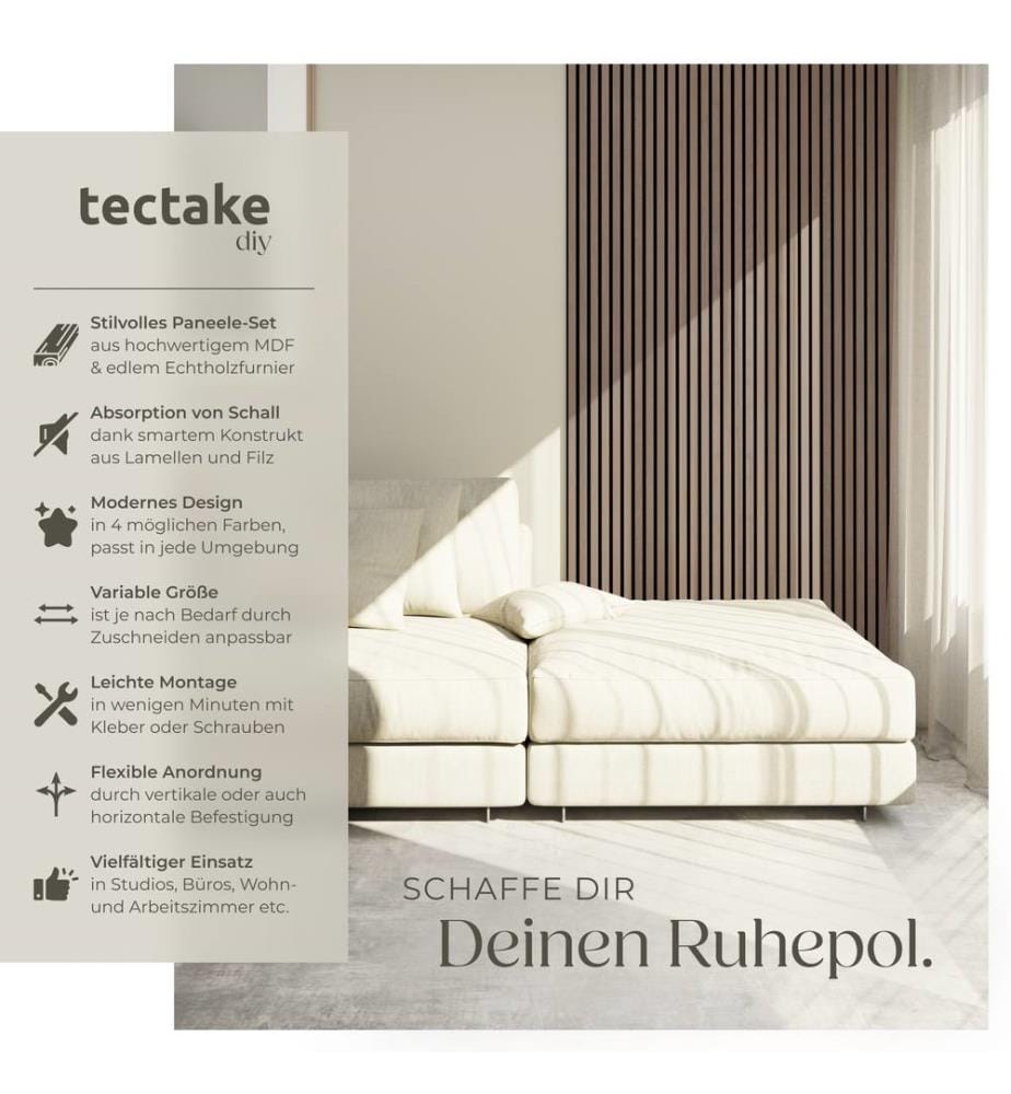 Acoustic Wall Panels with Wood Veneer Slats, Thick Felt and Easy to Install - Dark oak, Set of 2