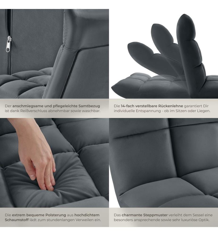 Relaxsessel Snooze, 2 in 1, Samt, 14-fach verstellbar - grau