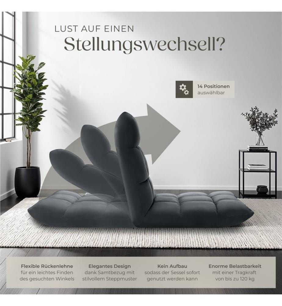 Relaxsessel Snooze, 2 in 1, Samt, 14-fach verstellbar - grau