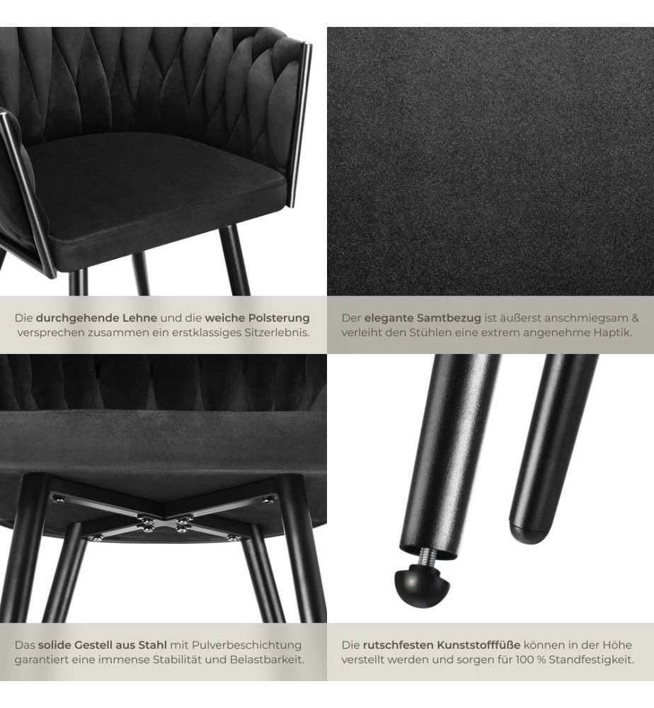 Set Esszimmerstuhl Astano Samt, Knotendesign - schwarz, 4er Set