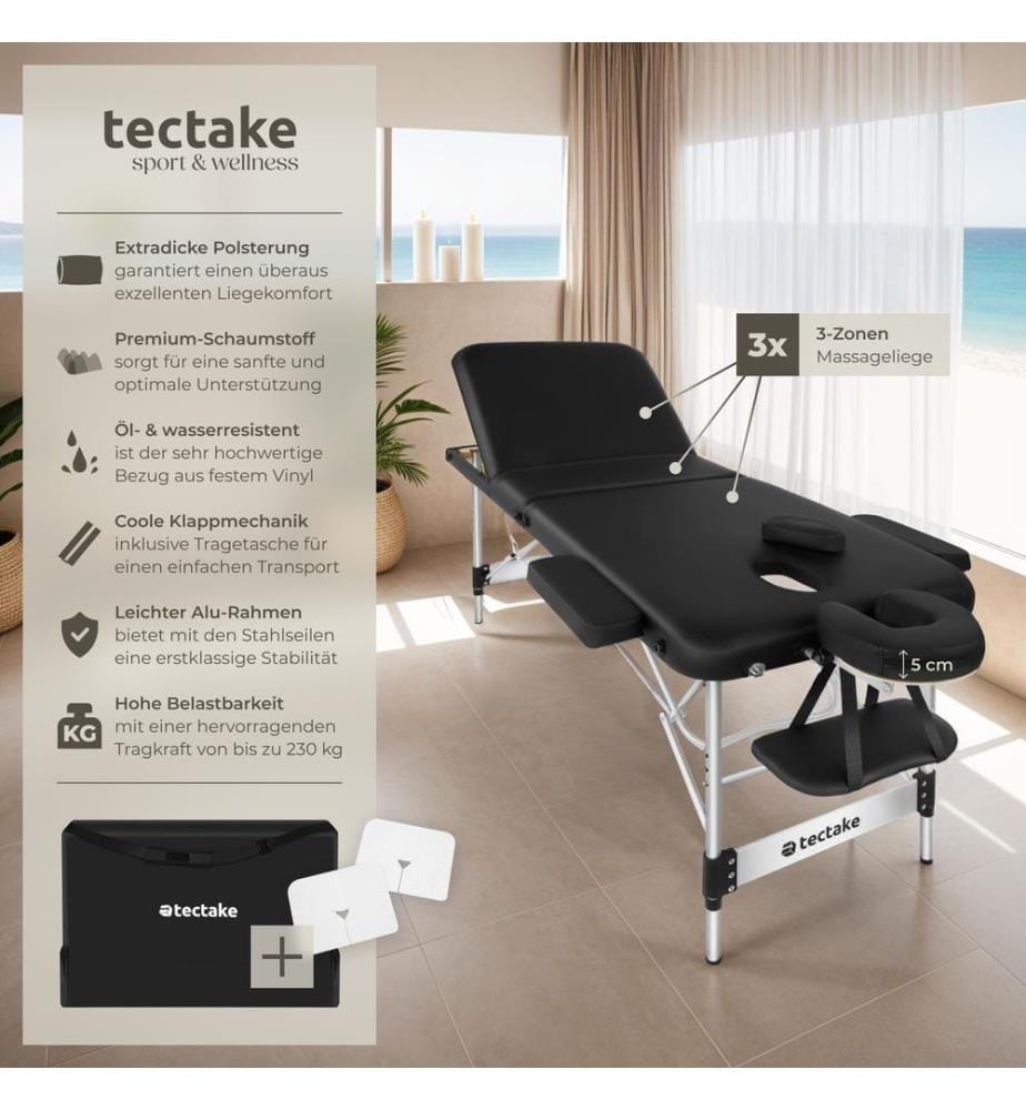 Lettino da massaggio a 3 zone Phuket, borsa da trasporto,telaio in alluminio - nero