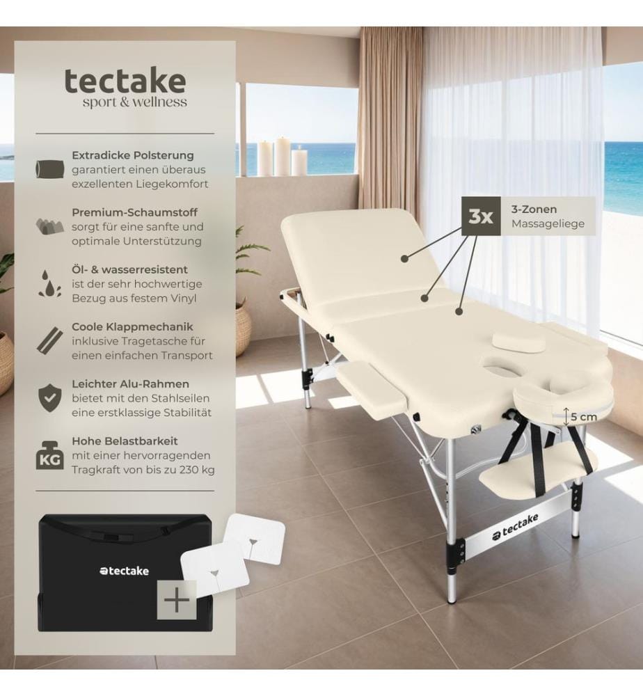 Lettino da massaggio a 3 zone Phuket, borsa da trasporto,telaio in alluminio - beige