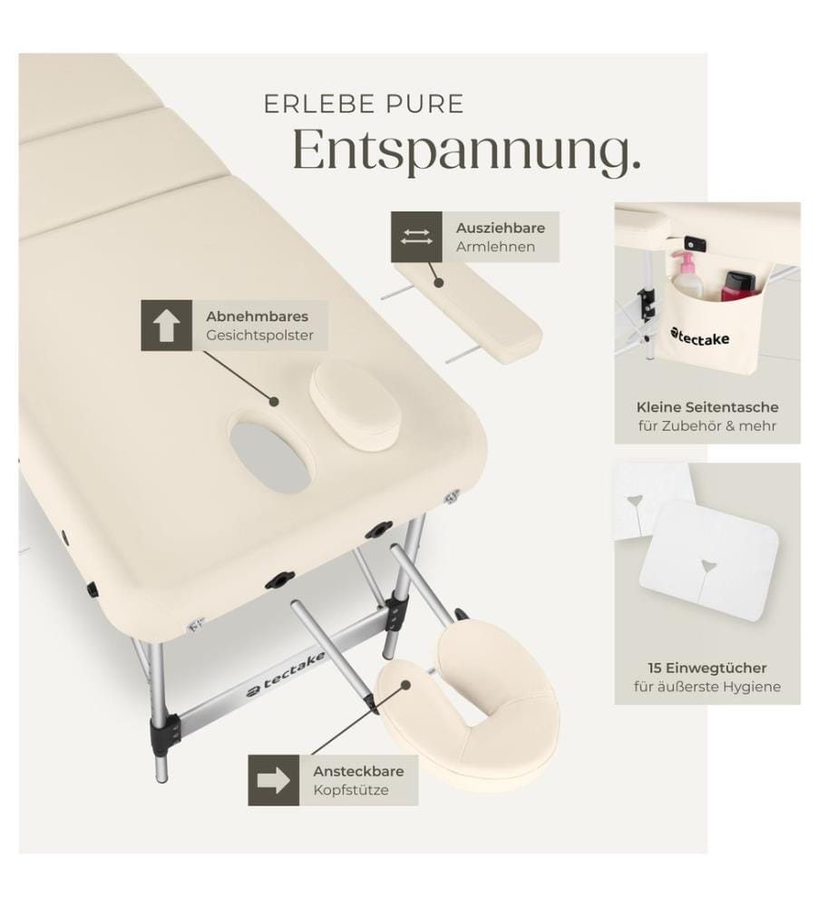Lettino da massaggio a 3 zone Phuket, borsa da trasporto,telaio in alluminio - beige