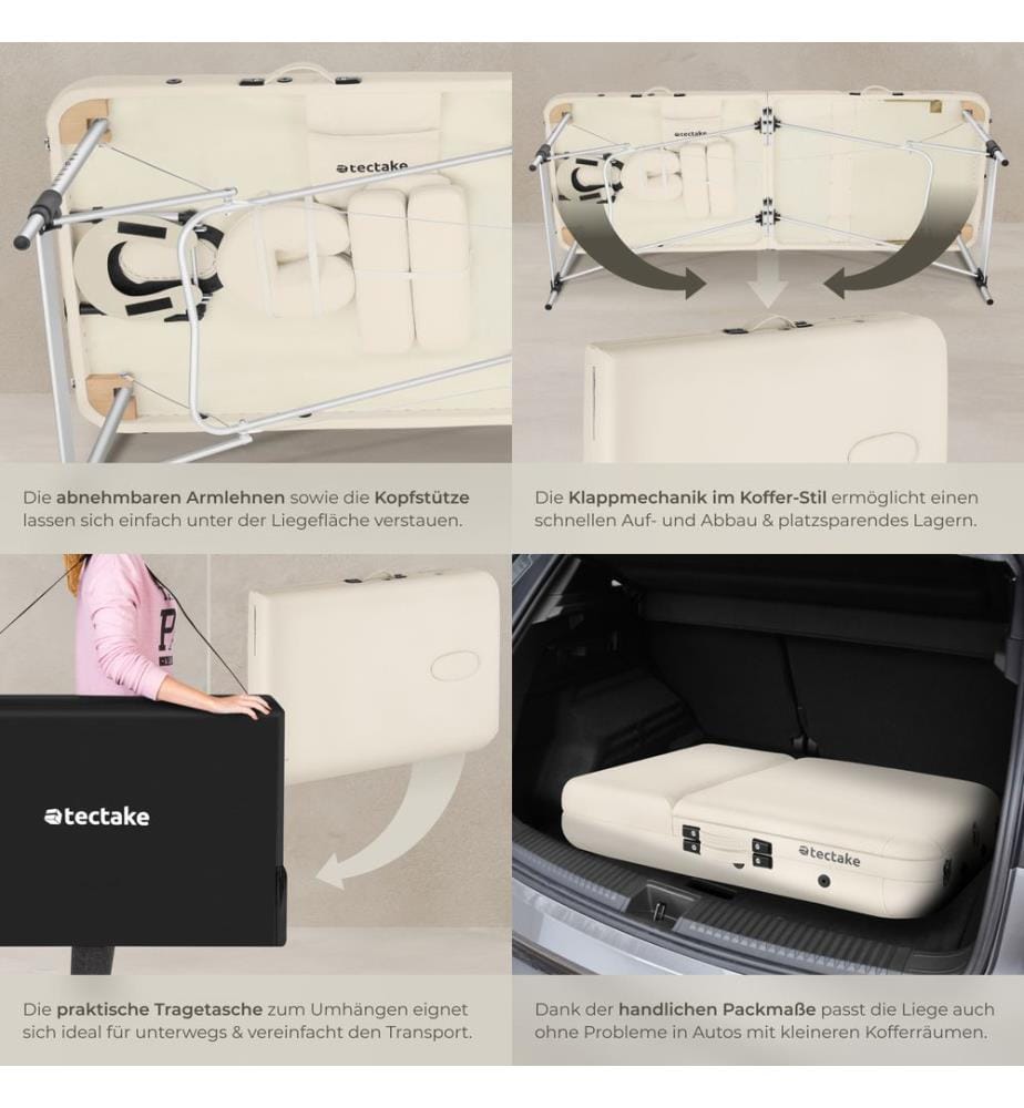 Lettino da massaggio a 3 zone Phuket, borsa da trasporto,telaio in alluminio - beige