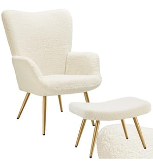 Sessel Hygge gepolstert, ergonomisch, Belastbarkeit 150 kg - mit Hocker, Bouclé cremegold