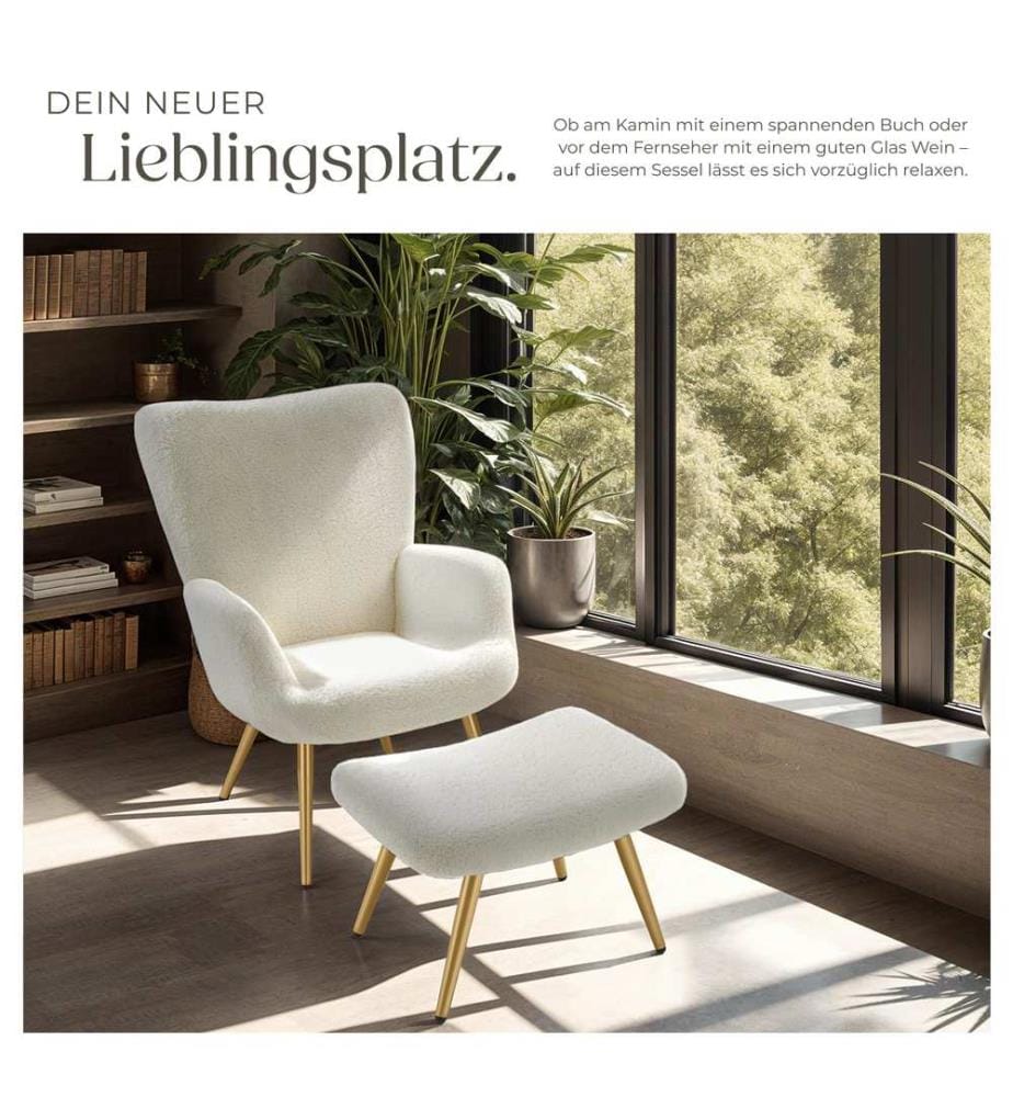 Sessel Hygge gepolstert, ergonomisch, Belastbarkeit 150 kg - mit Hocker, Bouclé cremegold