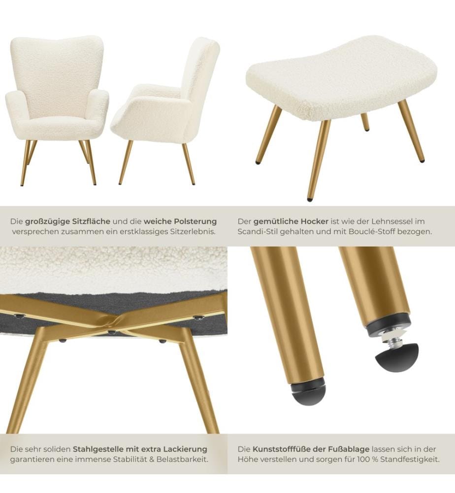 Sessel Hygge gepolstert, ergonomisch, Belastbarkeit 150 kg - mit Hocker, Bouclé cremegold