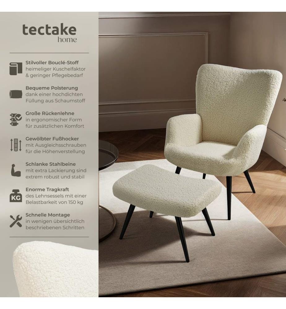 Sessel Hygge gepolstert, ergonomisch, Belastbarkeit 150 kg - mit Hocker, Bouclé cremeschwarz