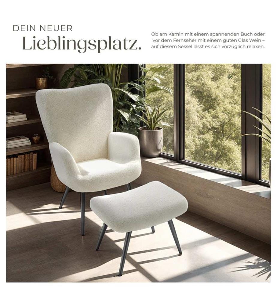 Sessel Hygge gepolstert, ergonomisch, Belastbarkeit 150 kg - mit Hocker, Bouclé cremeschwarz