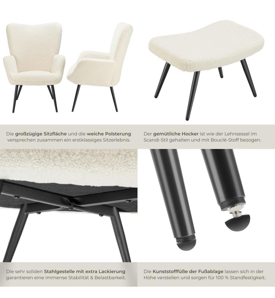 Sessel Hygge gepolstert, ergonomisch, Belastbarkeit 150 kg - mit Hocker, Bouclé cremeschwarz