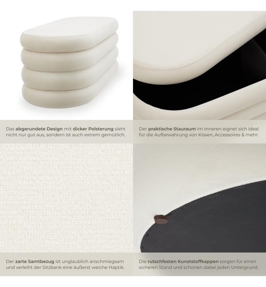 Panca contenitore imbottita Altu con ampio spazio interno - Effetto velluto crema-bianco