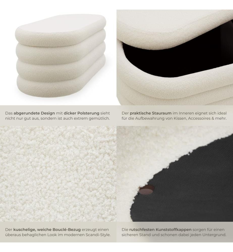 Panca contenitore imbottita Altu con ampio spazio interno - Bouclé crema-bianco