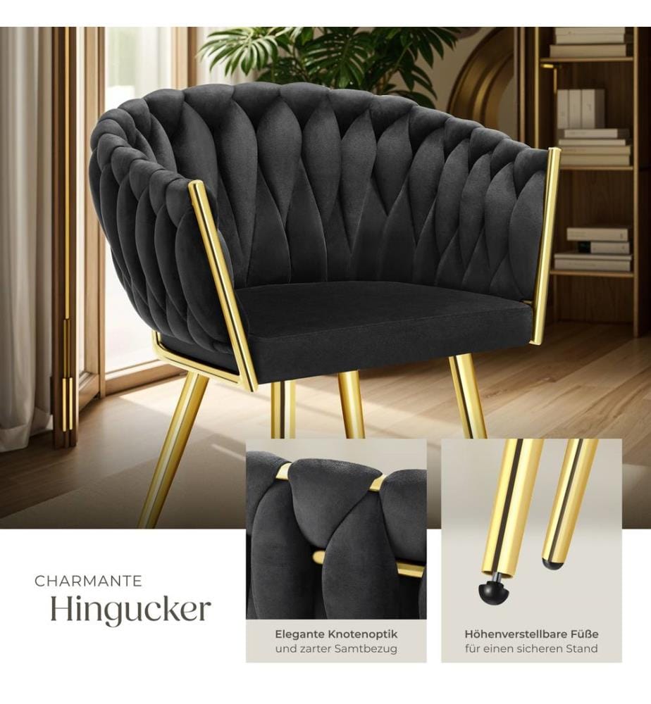 Set Esszimmerstuhl Astano Samt, Knotendesign - schwarzgold, 4er Set