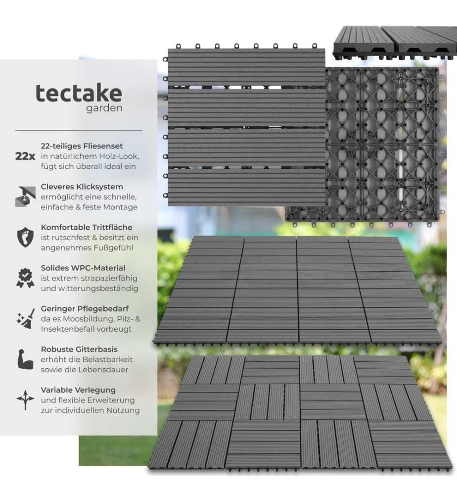 Set Terrassenfliesen Tegulas, WPC in Holzoptik - grau, 22er Set