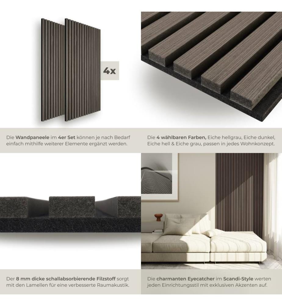 Akustikpaneele Sonic Wall Holzoptik - Eiche grau, 4er Set