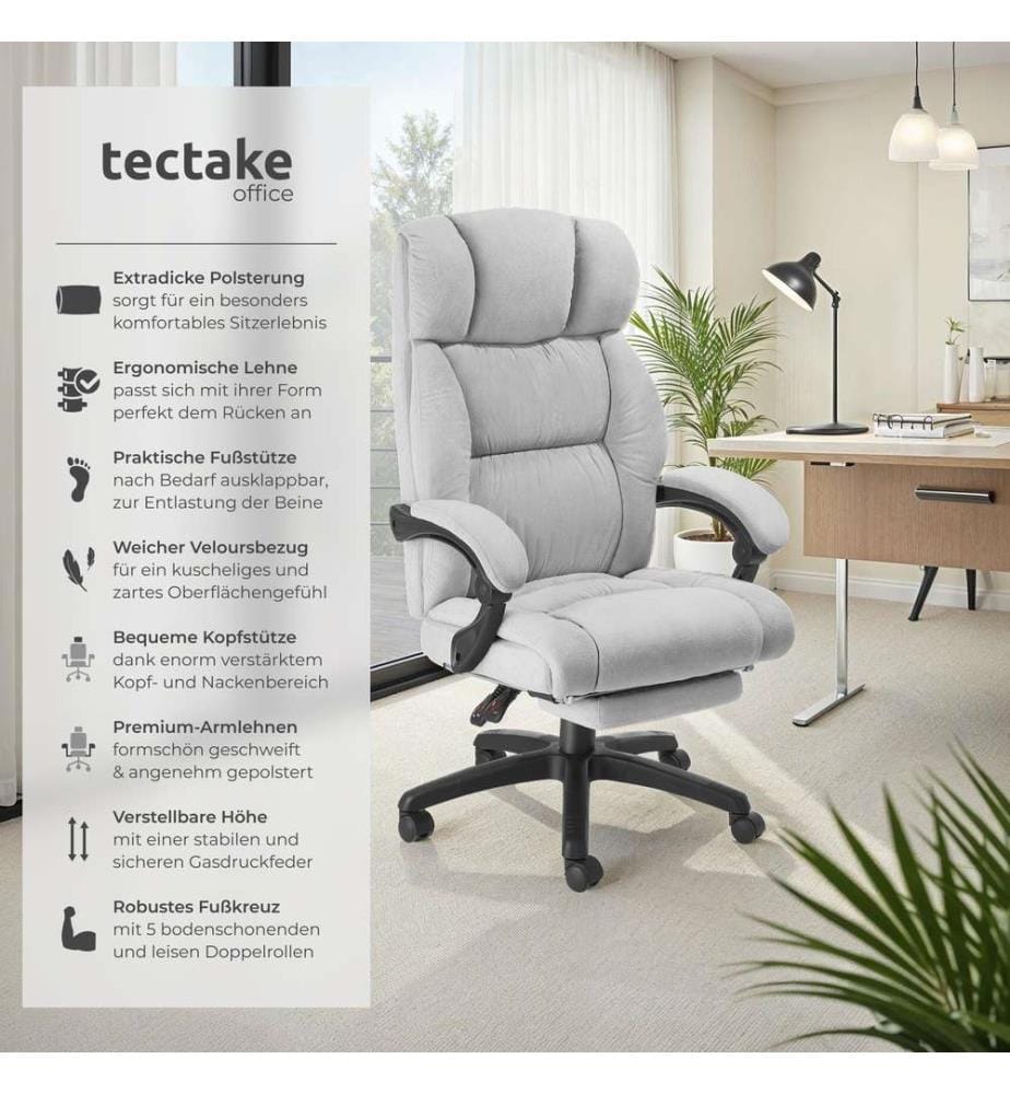 Office Chair Gillian with Folding Footrest, 360 Swivel, Padding and Velour cover - grey
