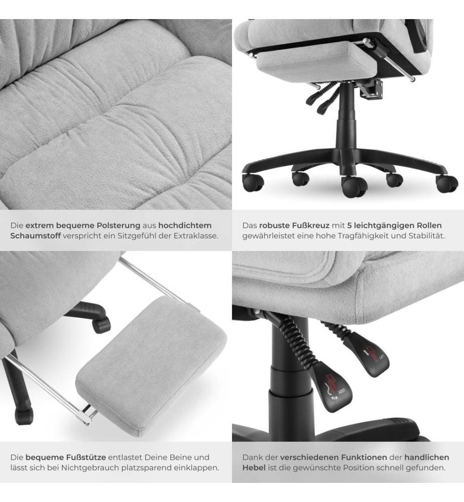 Office Chair Gillian with Folding Footrest, 360 Swivel, Padding and Velour cover - grey