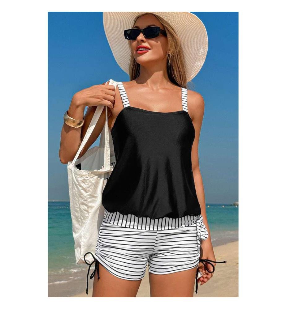 Ensemble tankini à rayures noires avec cordon de serrage latéral - Noir