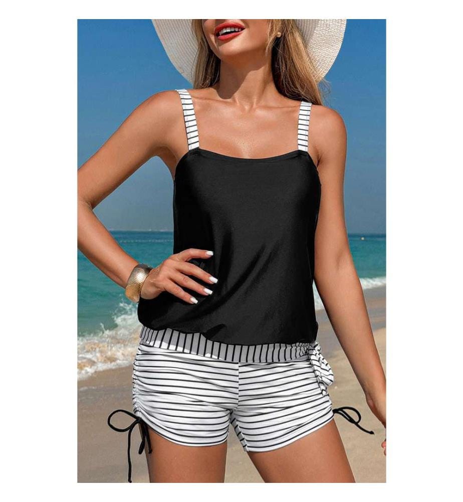 Ensemble tankini à rayures noires avec cordon de serrage latéral - Noir