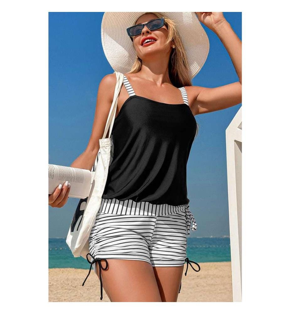 Ensemble tankini à rayures noires avec cordon de serrage latéral - Noir