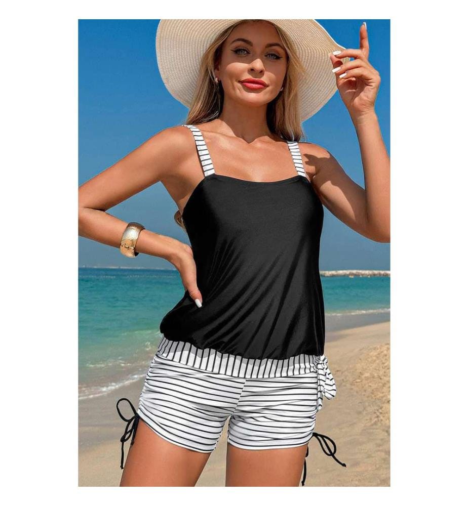 Ensemble tankini à rayures noires avec cordon de serrage latéral - Noir