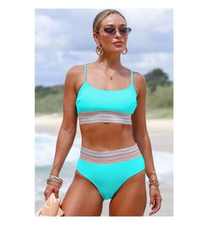 Maillot de bain bikini taille haute à bretelles spaghetti et patchwork à rayures turquoise - Turquoise