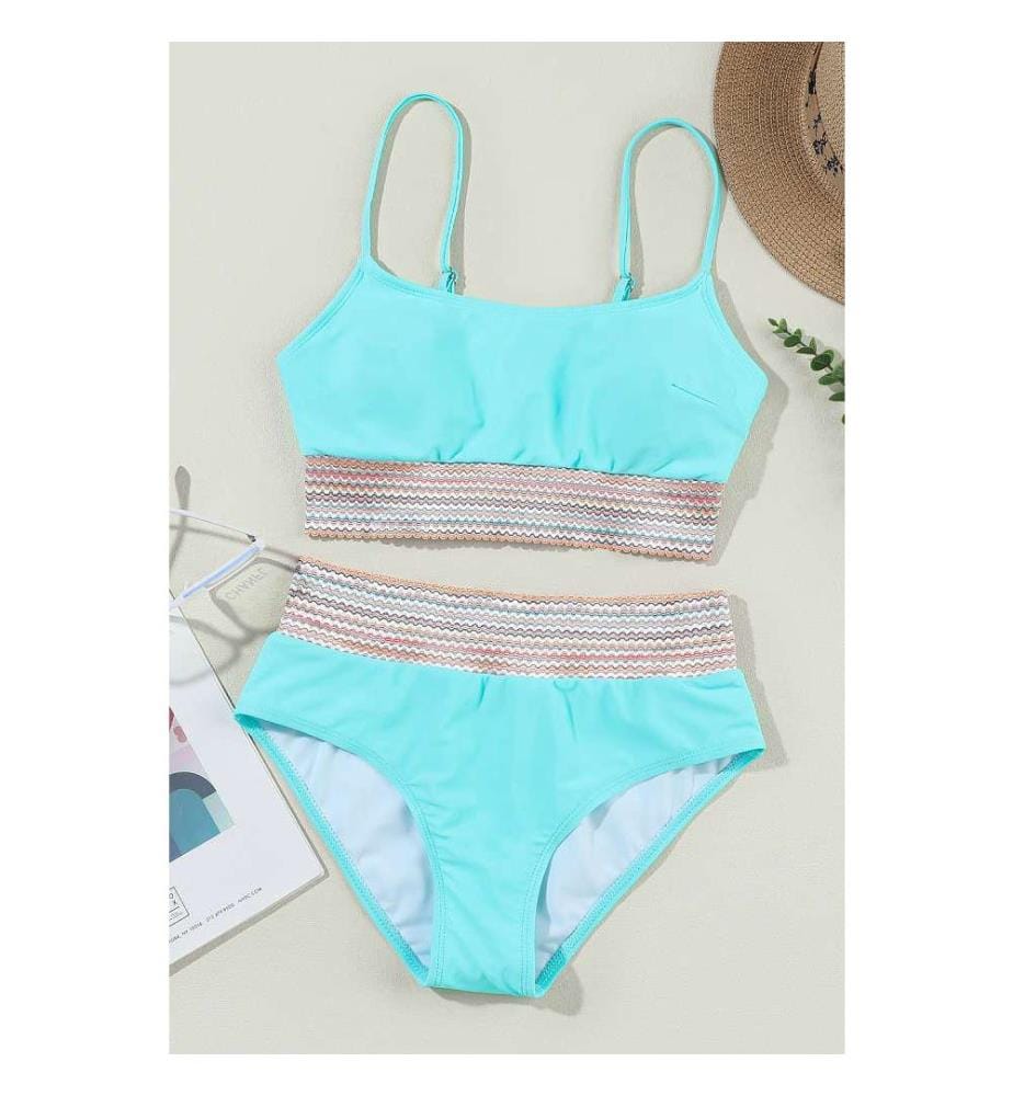 Maillot de bain bikini taille haute à bretelles spaghetti et patchwork à rayures turquoise - Turquoise