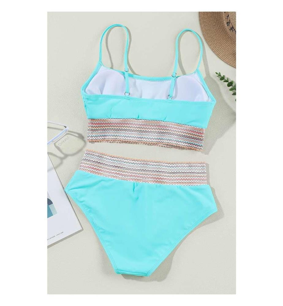 Maillot de bain bikini taille haute à bretelles spaghetti et patchwork à rayures turquoise - Turquoise