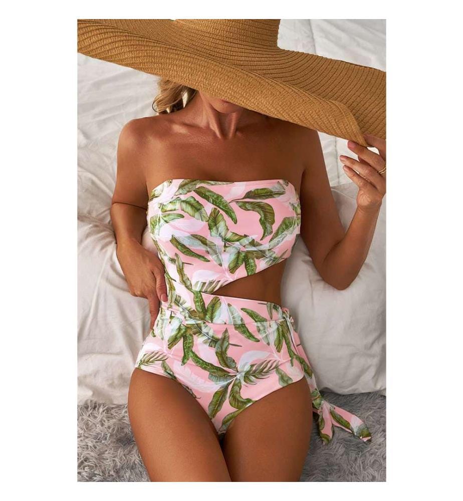 Maillot de bain une pièce dos nu asymétrique découpé rose tropical - Rose