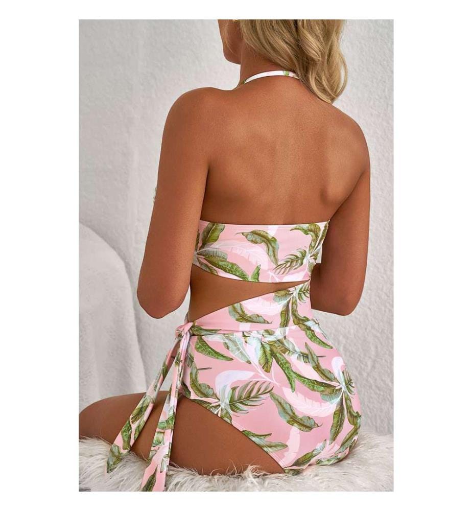 Maillot de bain une pièce dos nu asymétrique découpé rose tropical - Rose