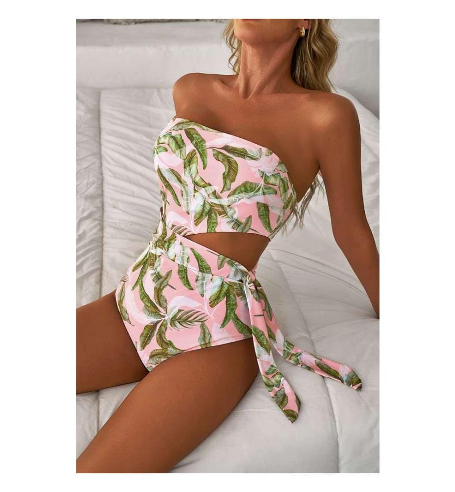 Maillot de bain une pièce dos nu asymétrique découpé rose tropical - Rose