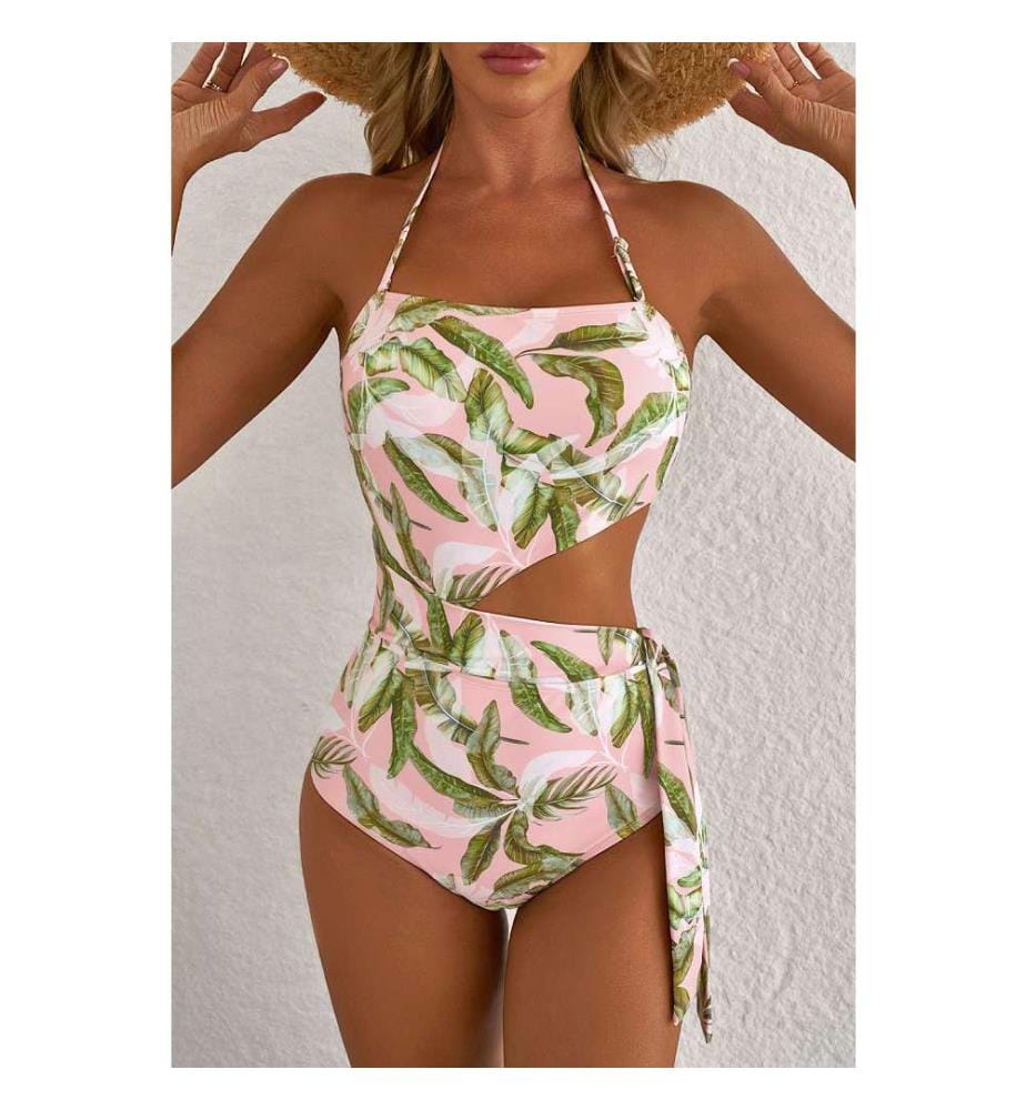 Maillot de bain une pièce dos nu asymétrique découpé rose tropical - Rose
