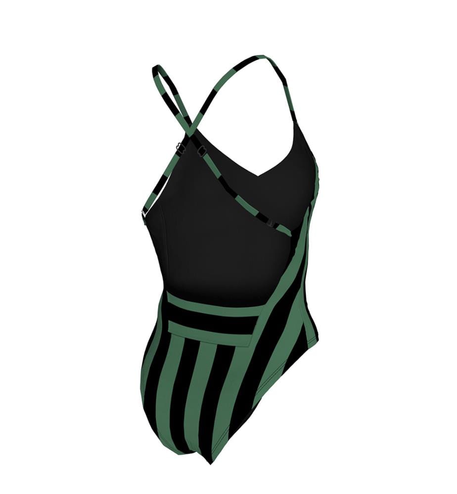 Maillot de Bain Une-Pièce Col V à rayures - Noir