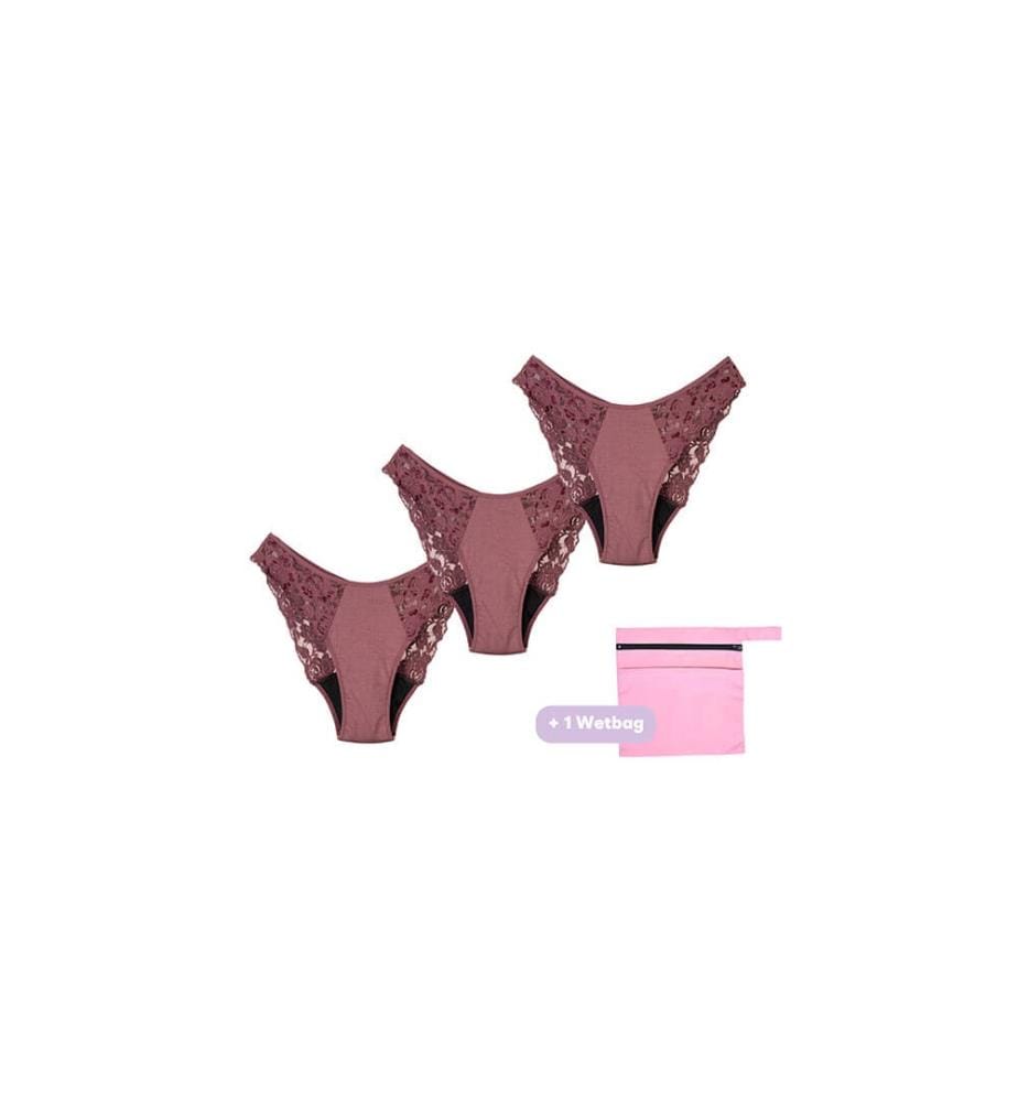 Set de 3 Culottes Menstruelles en Dentelle + Wetbag - Bordeaux