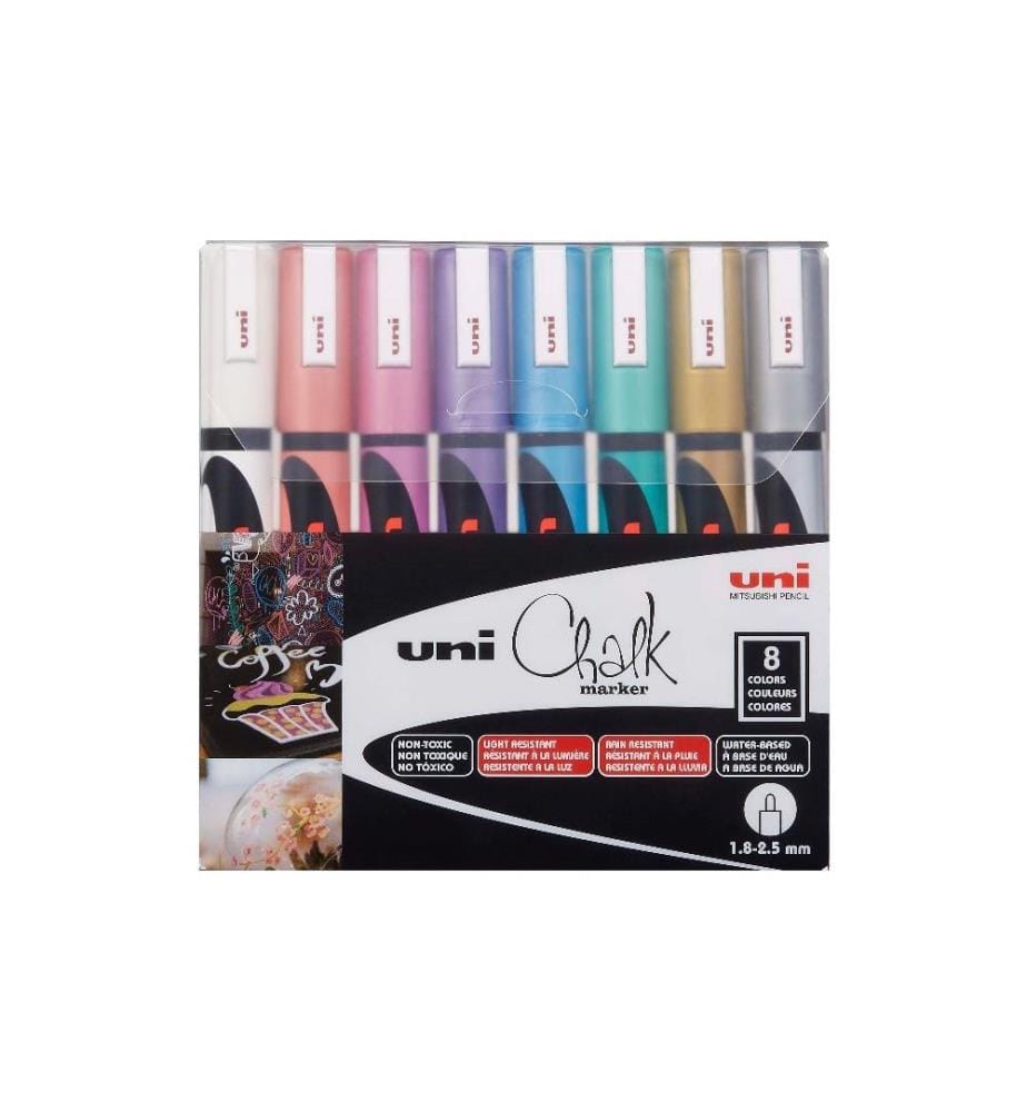 UNI - Marqueur craie liquide UNI - CHALK 1.8-2.5 mm Métallique Assorti 8 pièces