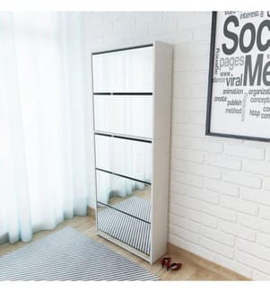Schuhschrank mit 5 Fächern Spiegel Weiss 63×17×169,5 cm