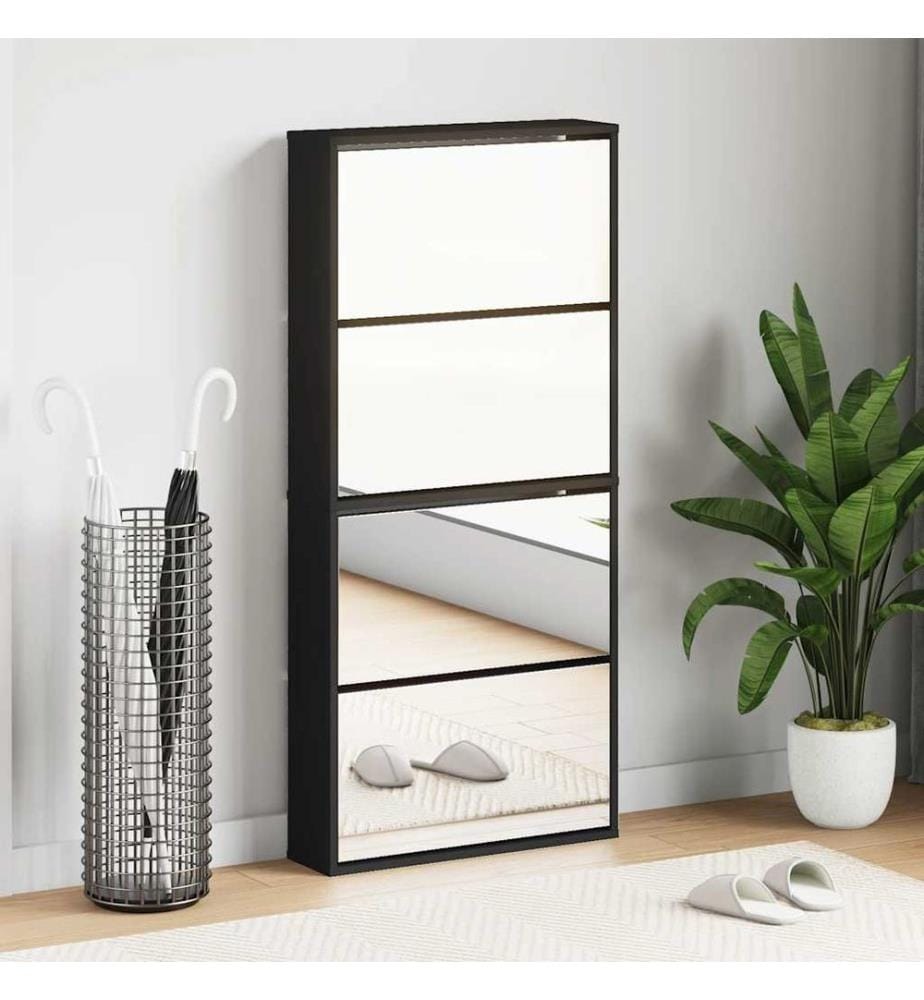 Schuhschrank mit Spiegel 4 Fächer Schwarz 63x17x134 cm