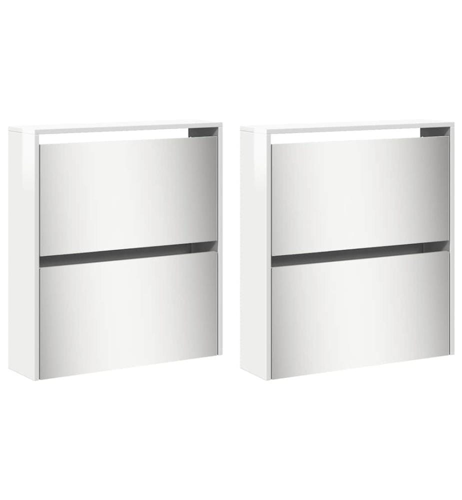 Schuhschrank mit Spiegel 4 Fächer Hochglanz-Weiss 63x17x134 cm